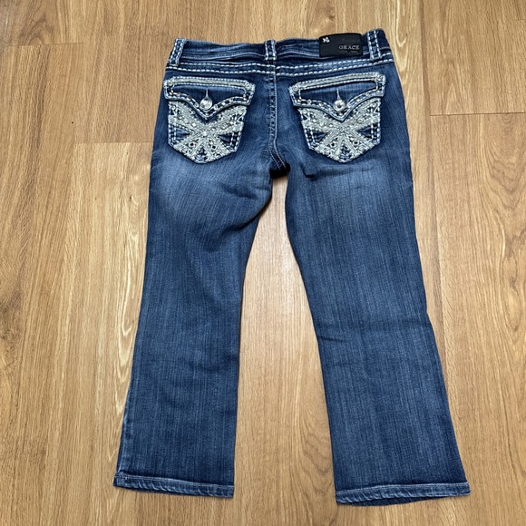 Grace In LA Women's 27 Low Rise Capri Jeans - Rhinestone Embellished Medium Wash - Picture 2 of 15